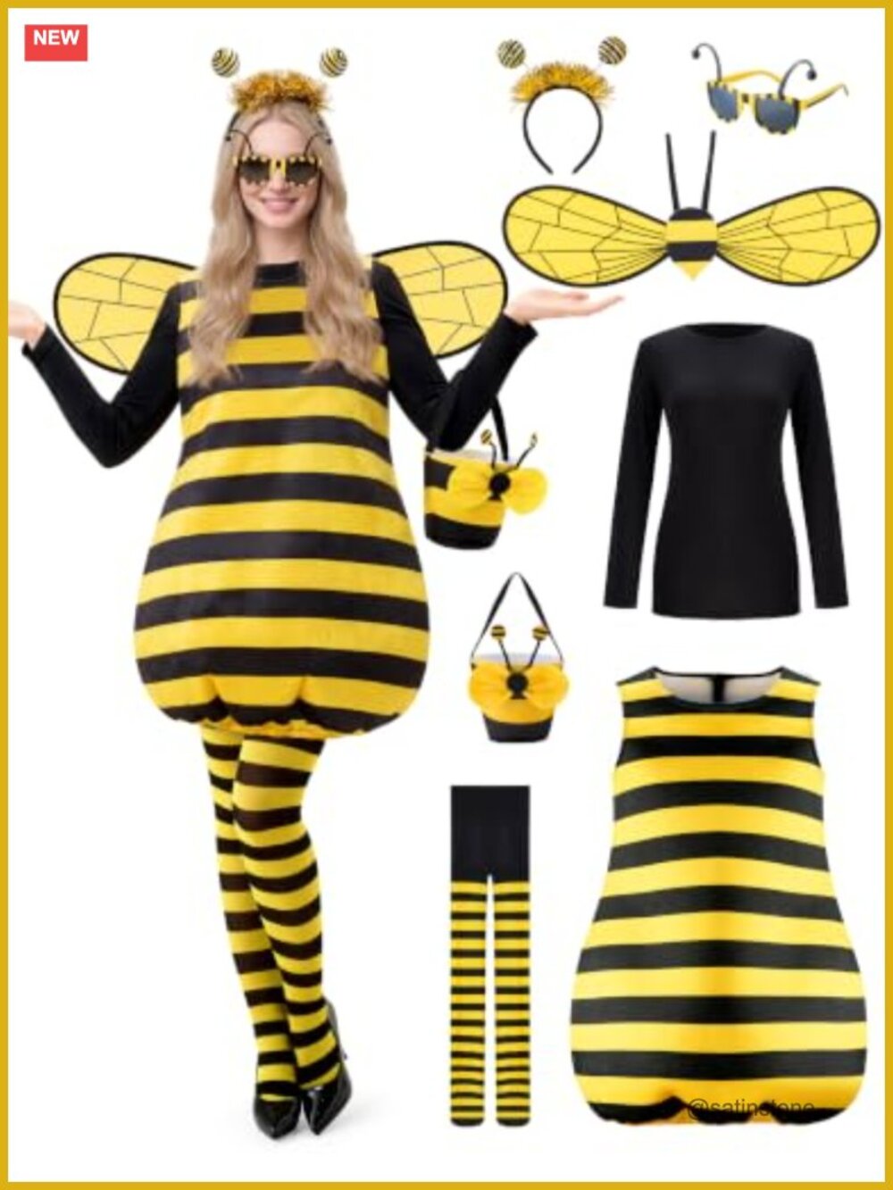 Women Bee Costume Dress Stockings Wings Halloween Cosplay